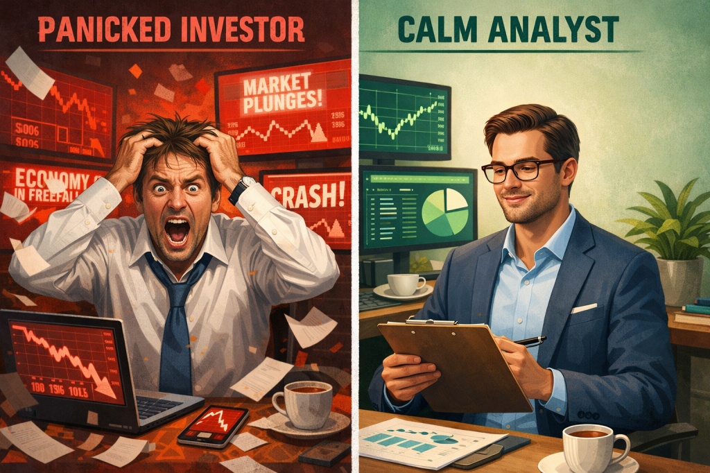 Side-by-side contrast of a stressed investor and a composed analyst with financial charts