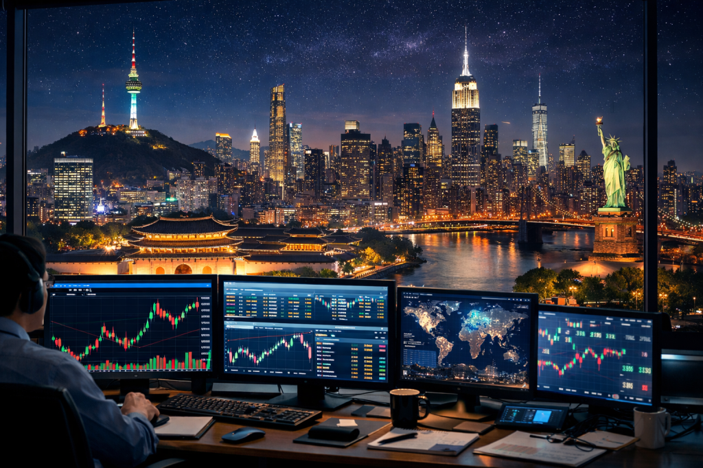 Trader observing multiple financial data screens with a nighttime cityscape merging Seoul and New York landmarks including the Statue of Liberty and N Seoul Tower