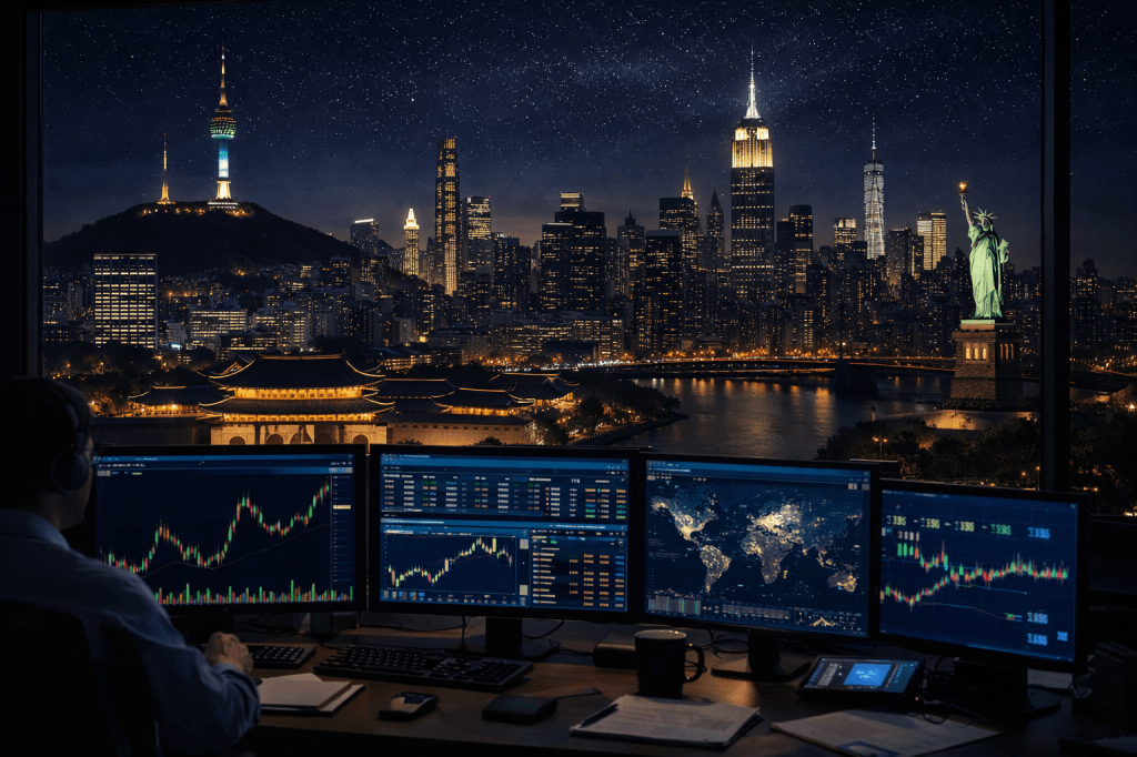 Trader observing multiple financial data screens with a nighttime cityscape merging Seoul and New York landmarks including the Statue of Liberty and N Seoul Tower